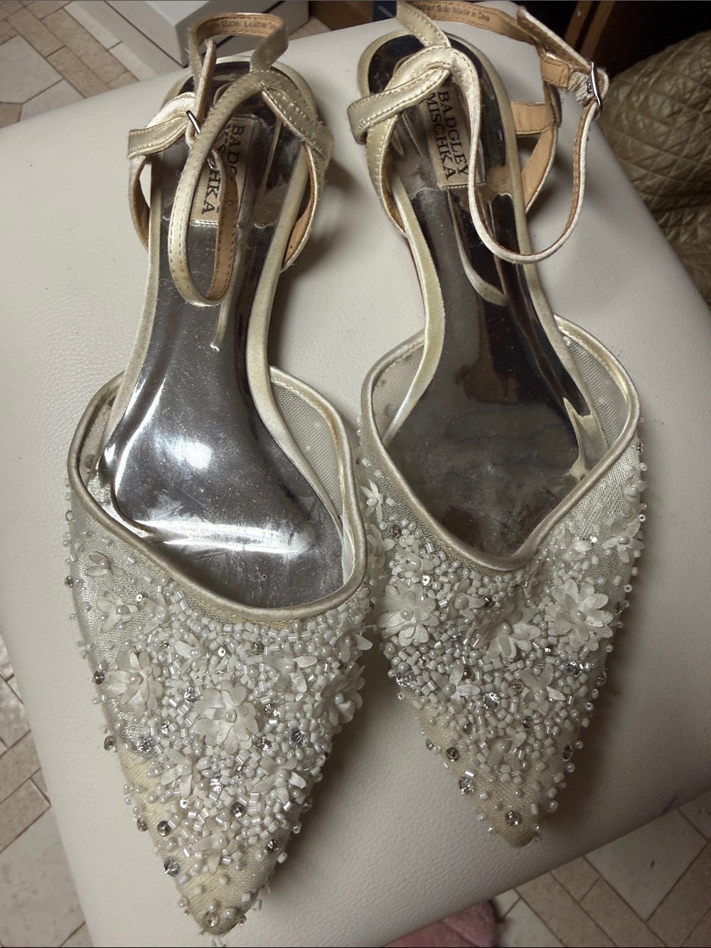 Badgley Mischka Ivory Beaded Pointed-Toe Mules